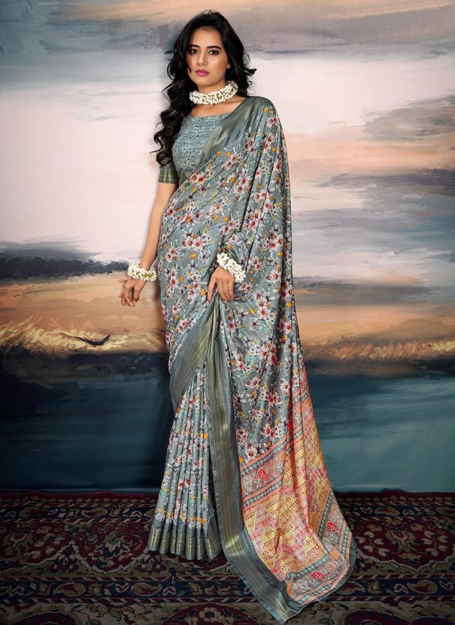 Cotton Silk Grey Traditional Wear Printed Saree